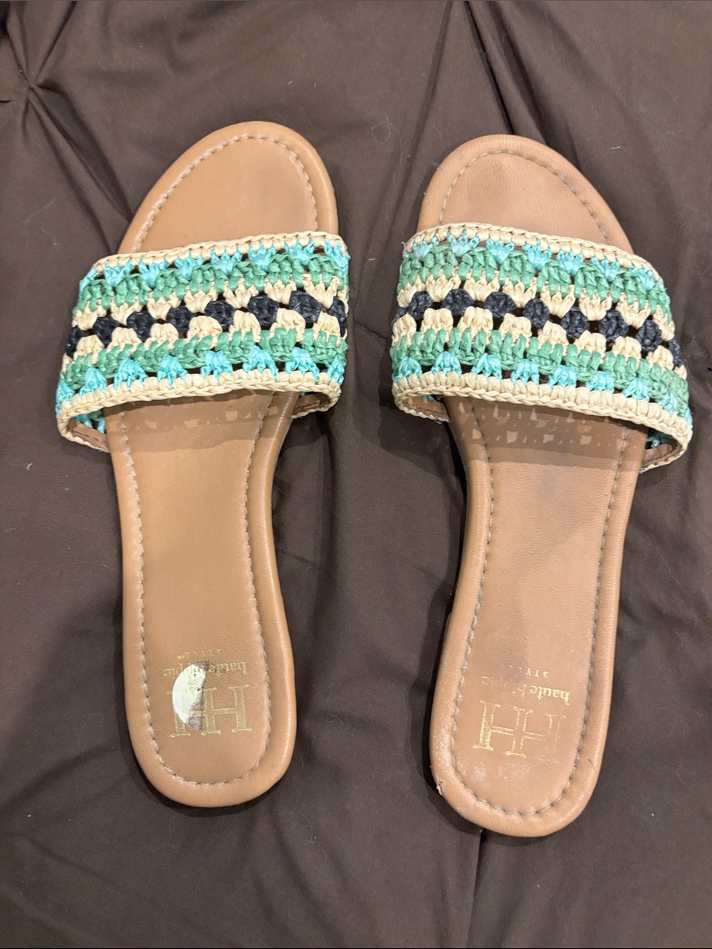 Haute Hippie Tan Slide Sandals with Aqua & Black Woven Straps